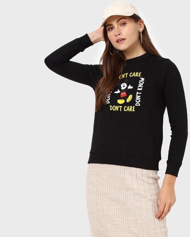 Shop Women's Black Don't Care Mickey Graphic Printed Sweater-Front