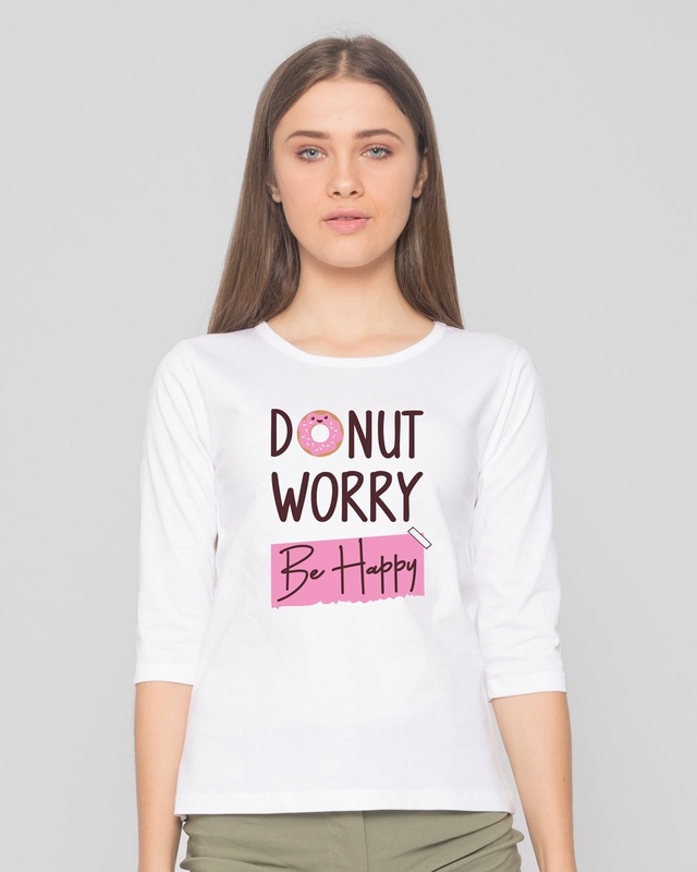 Shop Donut Worry Round Neck 3/4th Sleeve T-Shirt White-Front
