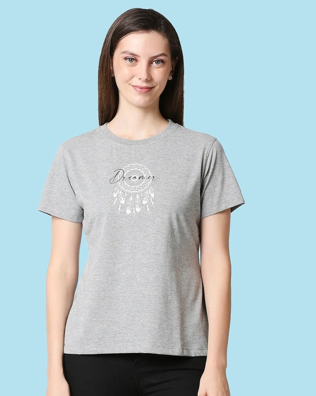 Shop Women's Grey Dreamer Leaves Graphic Printed Relaxed Fit Lounge T-shirt-Front
