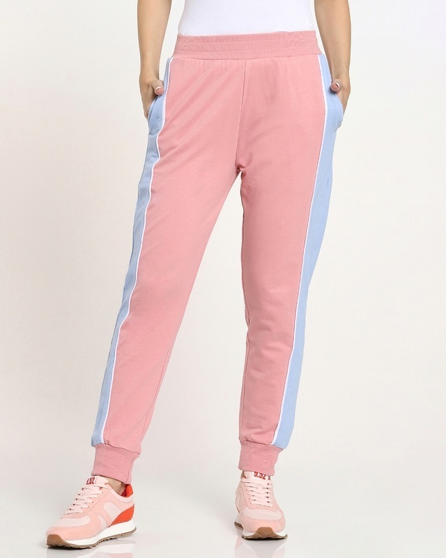 Shop Dusty Pink-Navy Blue WINO Fashion Color Block Joggers AW 21-Front