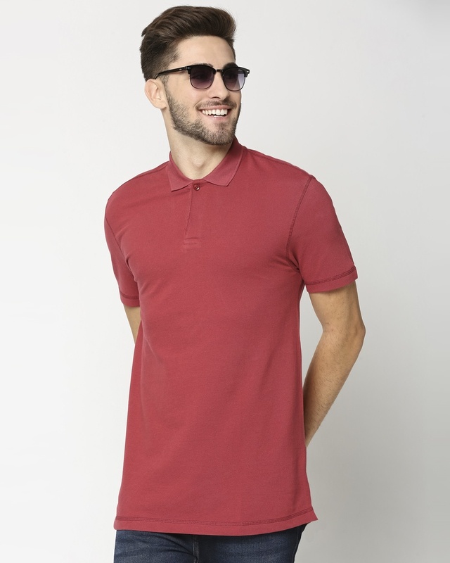 Shop Earth Red Half Sleeve Contrast Polo-Front