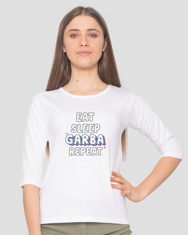Shop Eat Sleep Garba Repeat Round Neck 3/4th Sleeve T-Shirt-Front