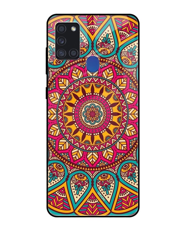 Shop Elegant Mandala Printed Premium Glass Cover For Samsung Galaxy A21s(Impact Resistant, Matte Finish)-Front