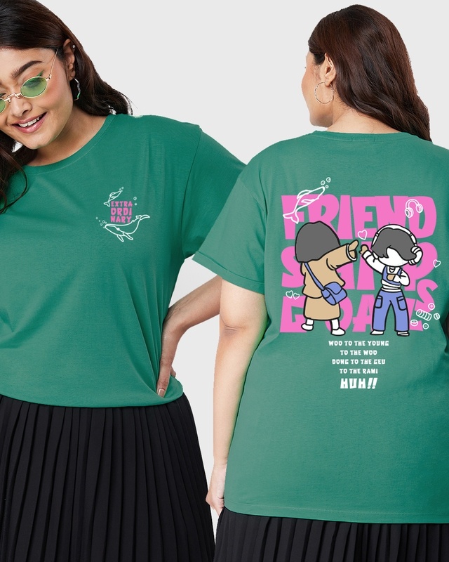 Shop Women's Green Extraordinary Woo Graphic Printed Boyfriend Plus Size T-shirt-Front