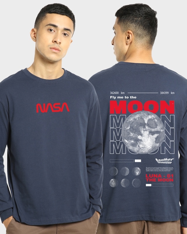 Shop Men's Blue Fly Me To The Moon Typography Oversized T-shirt-Front