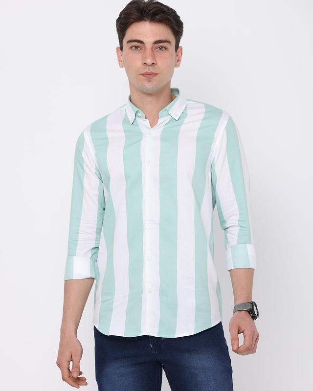 Shop Fly69 Men's Green Striped Slim Fit Shirt-Front