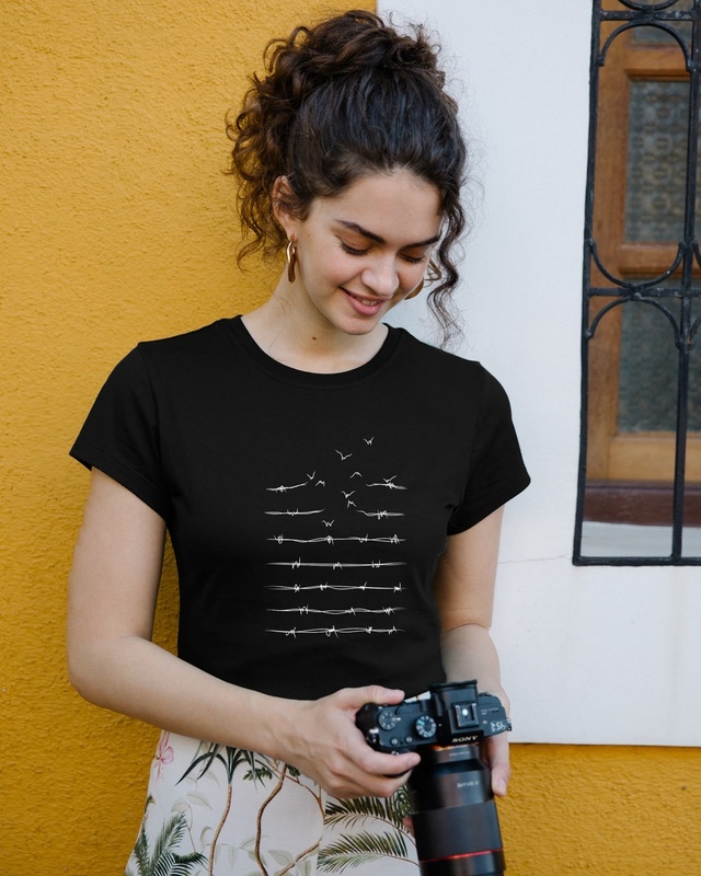 Shop Women's Black Flying Wire Slim Fit T-shirt-Front