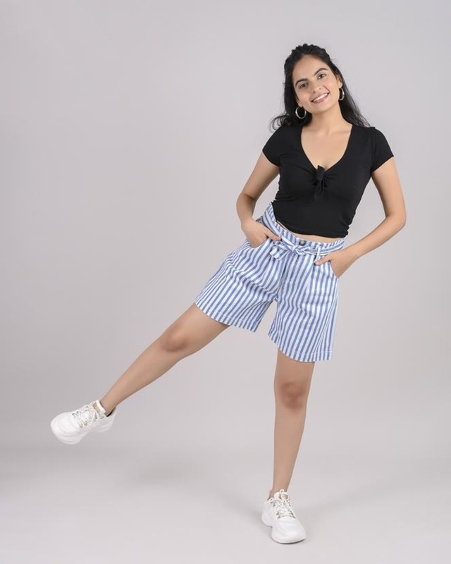 Shop Freakins Women Blue Striped Relaxed Fit Shorts-Front