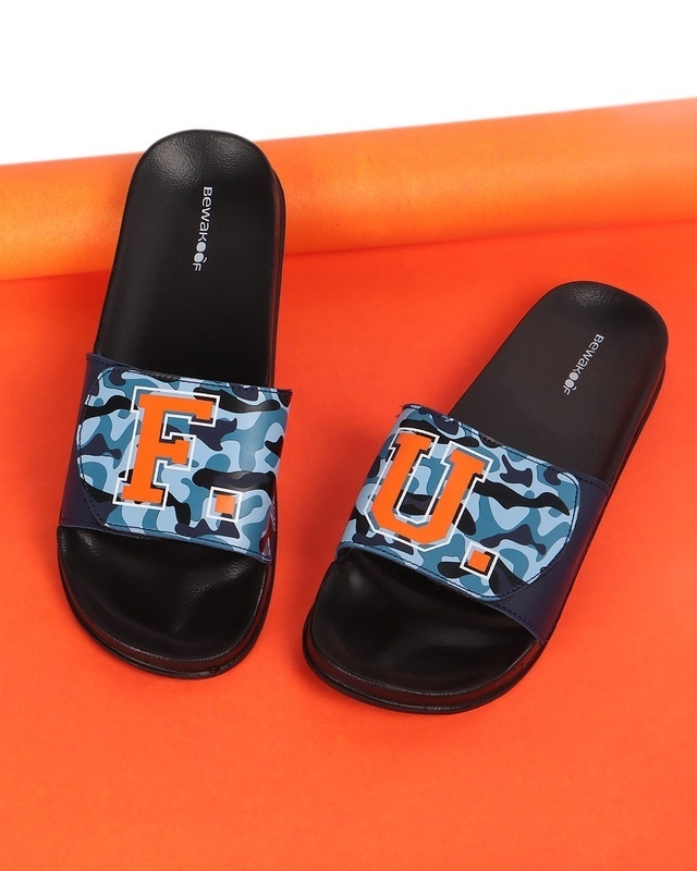 Shop Men's Blue & Black FU Camo Printed Sliders-Front