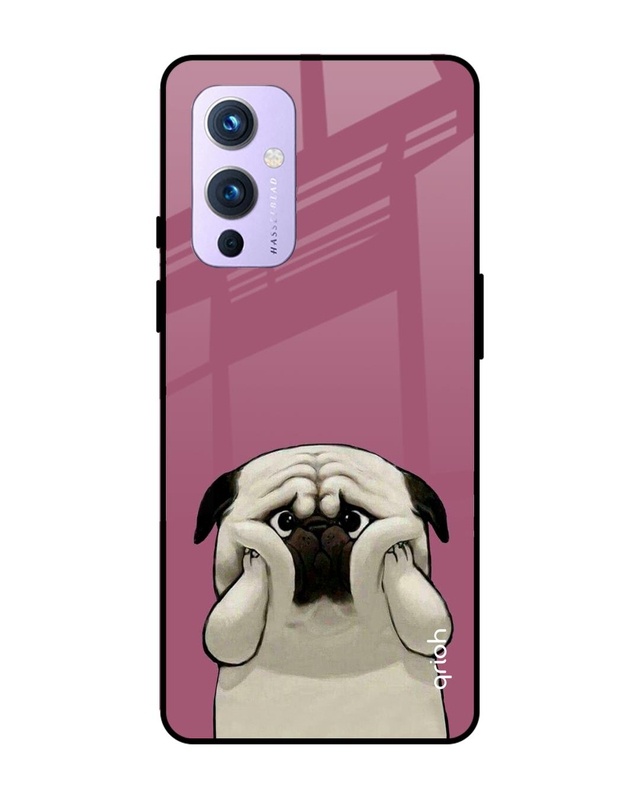 Shop Funny Pug Face Printed Premium Glass Cover For OnePlus 9 (Impact Resistant, Matte Finish)-Front