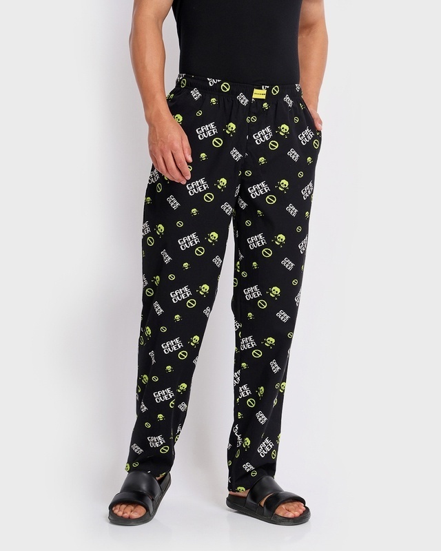 Shop Men's Black Game Over All Over Printed Pyjamas-Front