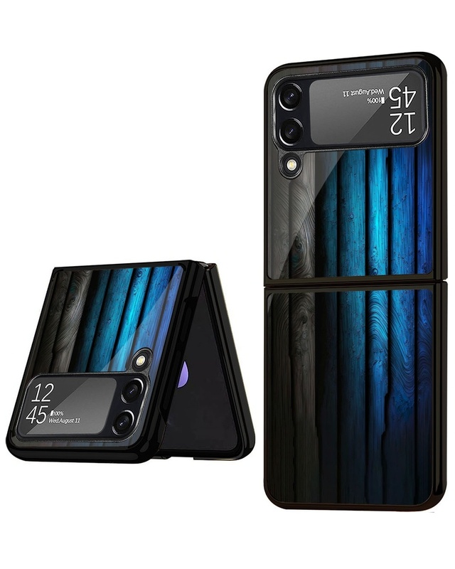 Shop Grey & Blue Wooden Premium Glass Case for Samsung Galaxy Z Flip4 5G (Shock Proof, Scratch Resistant)-Front