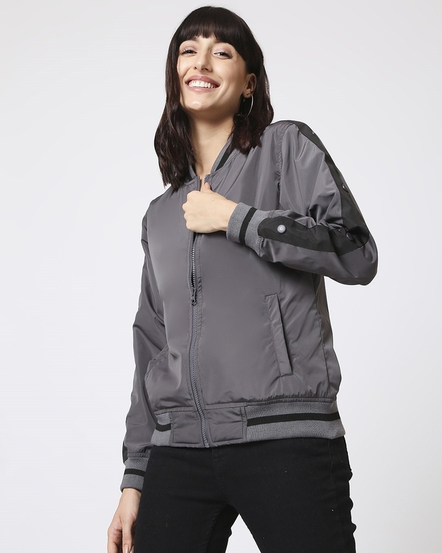 Shop Women's Grey Stylised Shoulder Stripe Relaxed Fit Bomber Jacket-Front