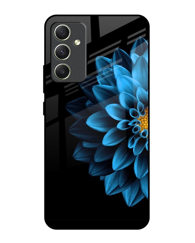 Shop Half Blue Flower Premium Glass Case for Samsung Galaxy A34 5G (Shock Proof, Scratch Resistant)-Front