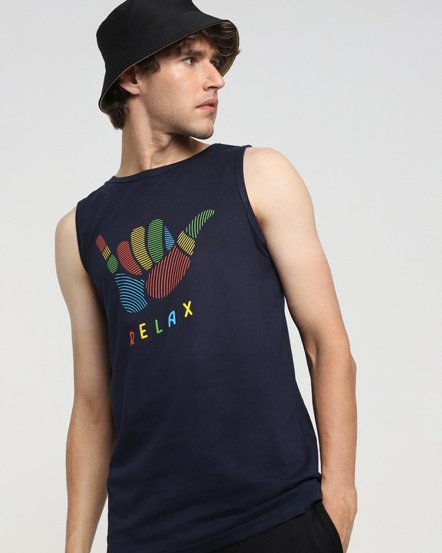 Shop Men's Blue Hang Loose Relax Graphic Printed Vest-Front