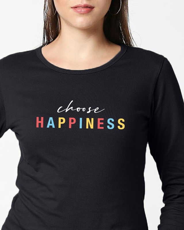 Shop Women's Black Choose Happiness Typography T-shirt-Front