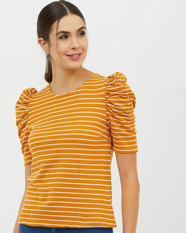 Shop Harpa Women Round Neck Short Sleeves Striped T-shirt-Front