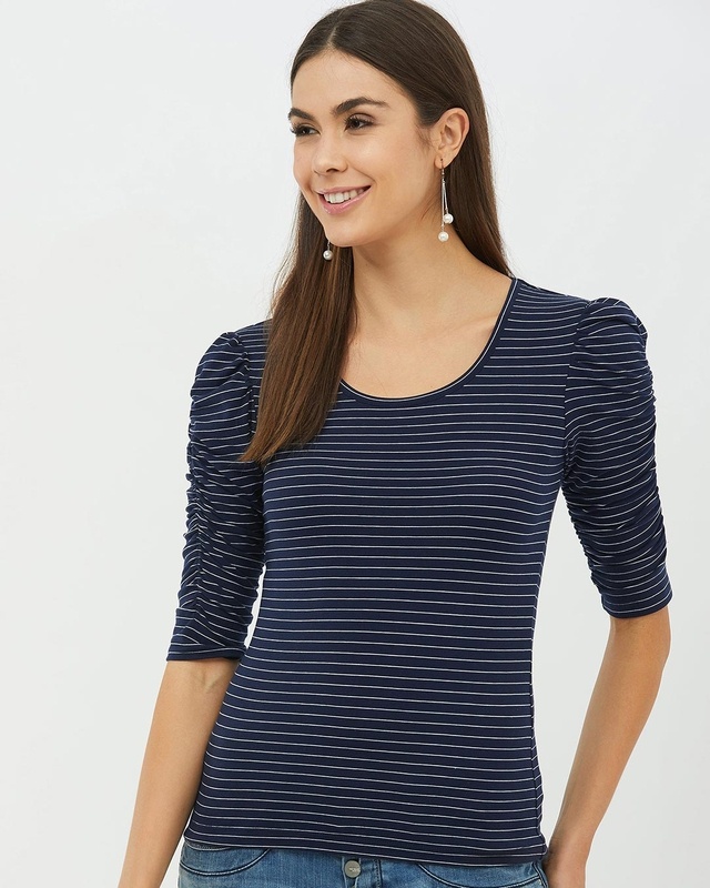 Shop Harpa Women Round Neck Short Sleeves Striped T-shirt-Front