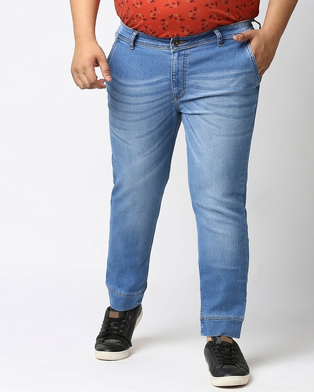 Shop High Star Plus Size Men Blue Jogger Fit Mid-Rise Clean Look Joggers Jeans-Front