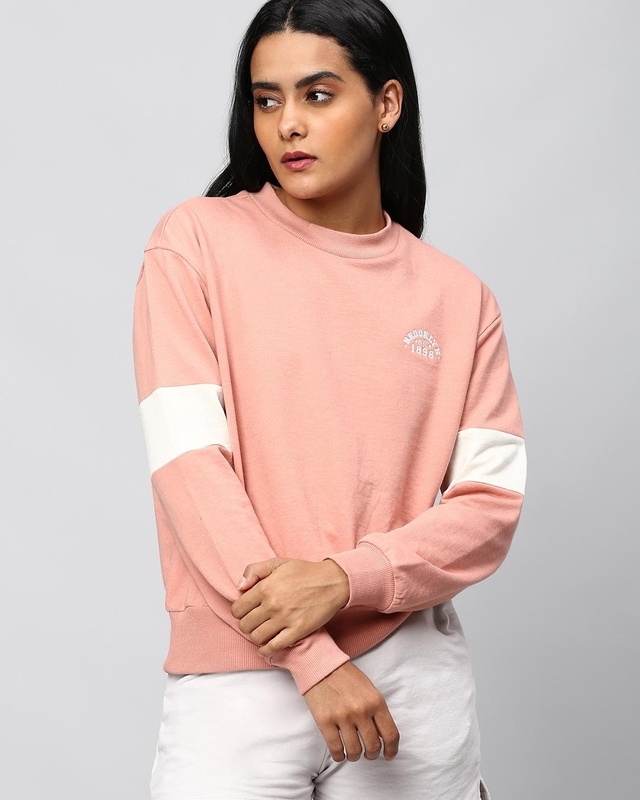 Shop Women's Pink Color Block Crop Sweatshirt-Front