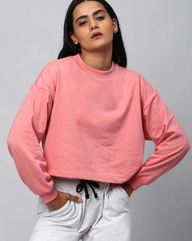 Shop Women's Pink Relaxed Fit Crop Sweatshirt-Front