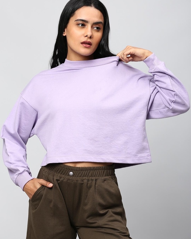 Shop Women's Purple Relaxed Fit Crop Sweatshirt-Front