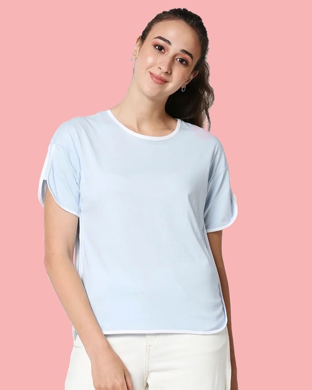 Shop Ice Water Blue Half Sleeves Tape T-Shirt-Front