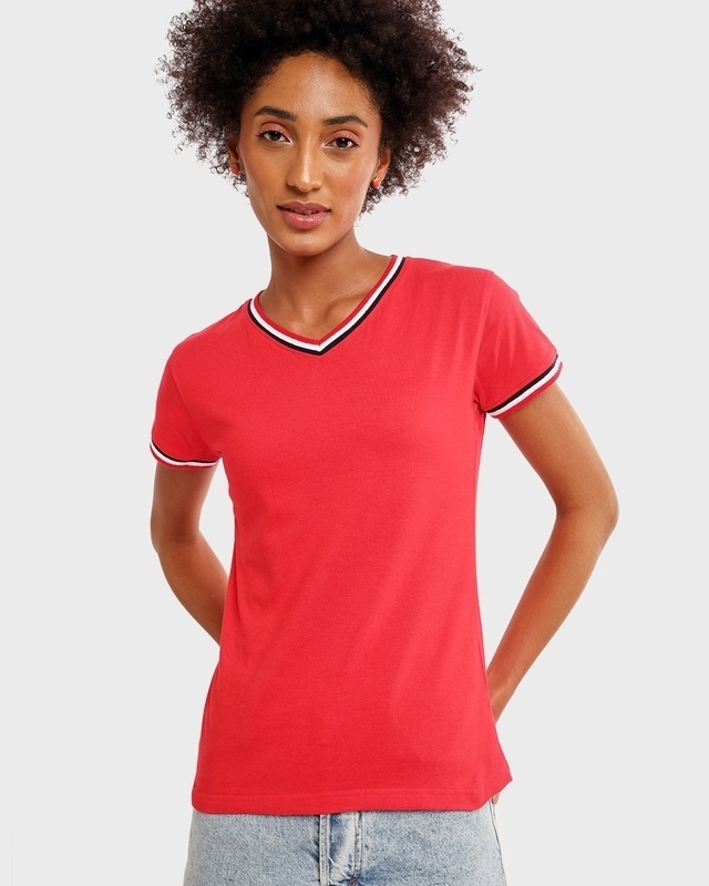 Shop Imperial Red V-Neck Varsity Rib T-shirt-Front