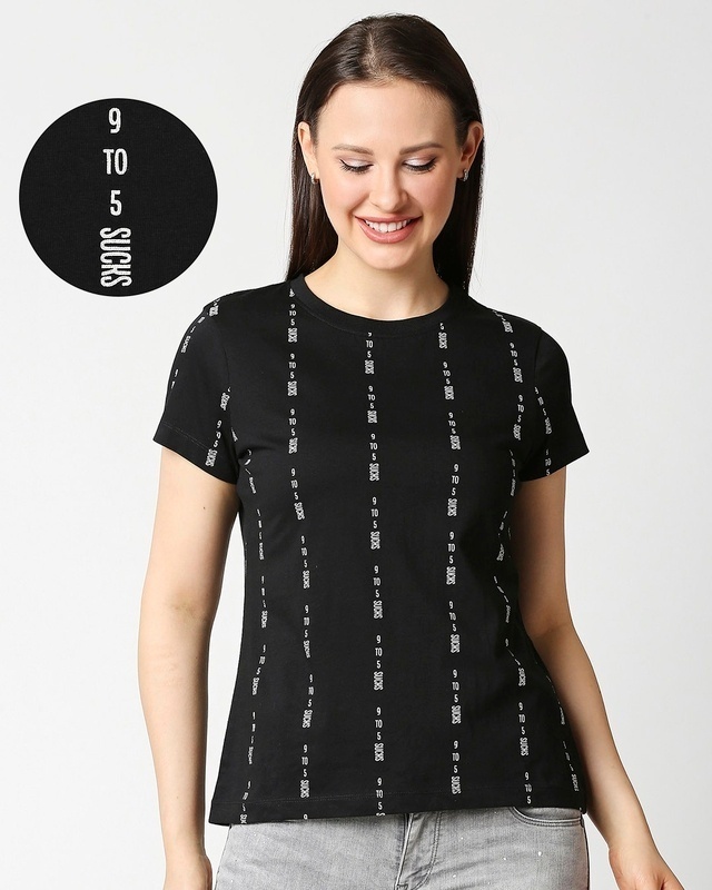 Shop Job Insanity All Over Printed Women Half Sleeve Black T-Shirt-Front
