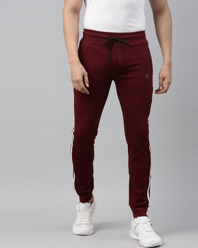 Shop Joven Men Maroon Printed Regular Fit Track Pant-Front