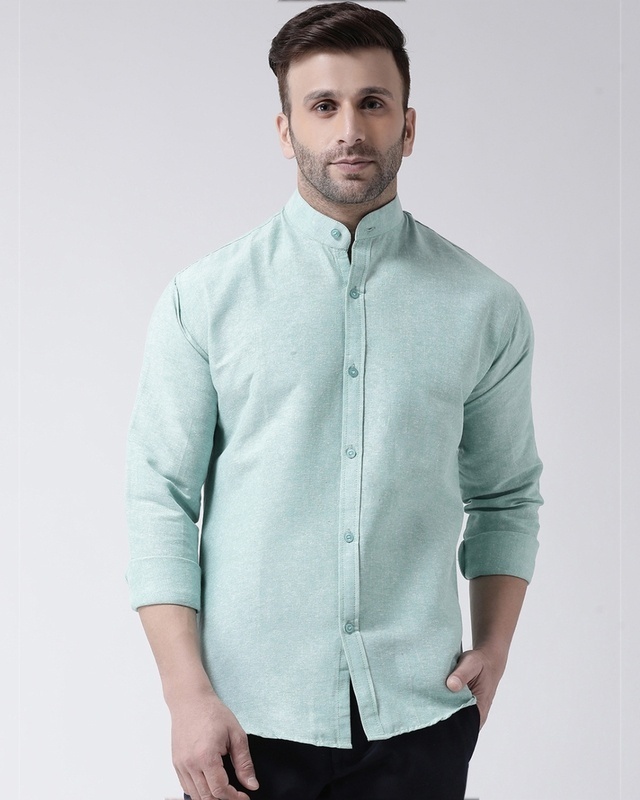 Shop Khadio Full Sleeves Cotton Casual Chinese Neck Shirt-Front