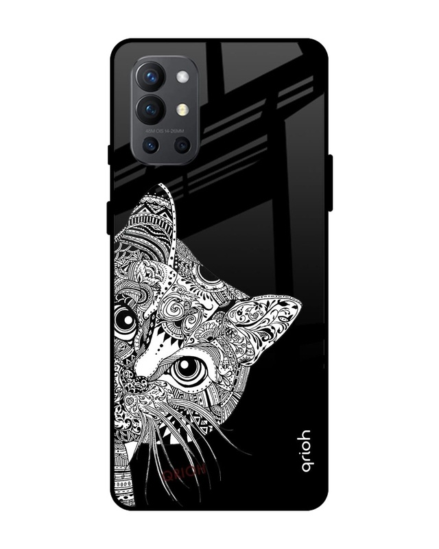 Shop Kitten Mandala Printed Premium Glass Cover For OnePlus 9R (Impact Resistant, Matte Finish)-Front