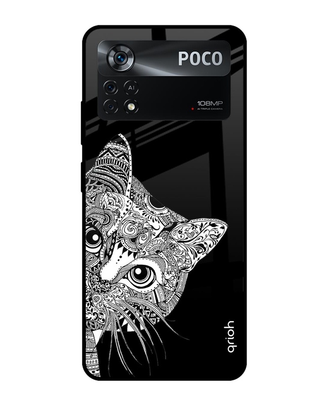 Shop Kitten Mandala Printed Premium Glass Cover for Poco X4 Pro 5G (Shock Proof, Scratch Resistant)-Front