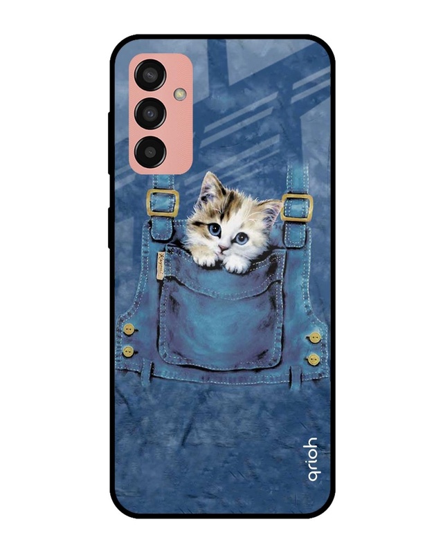 Shop Kitty In Pocket Printed Premium Glass Cover for Samsung Galaxy M13 (Shock Proof, Scratch Resistant)-Front