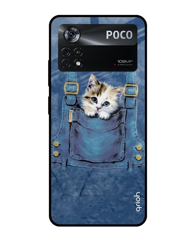 Shop Kitty In Pocket Printed Premium Glass Cover for Poco X4 Pro 5G (Shock Proof, Scratch Resistant)-Front