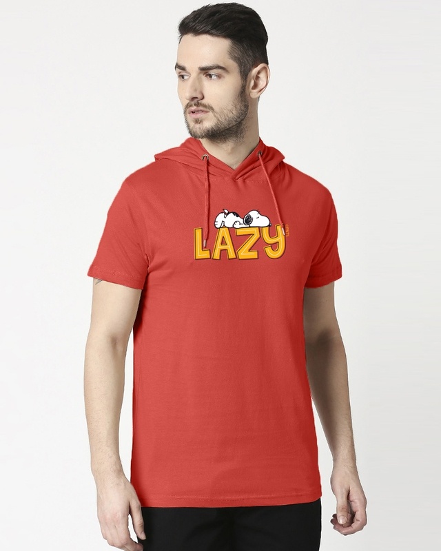 Shop Lazy Snoopy Half Sleeve Hoodie T-shirt-Front