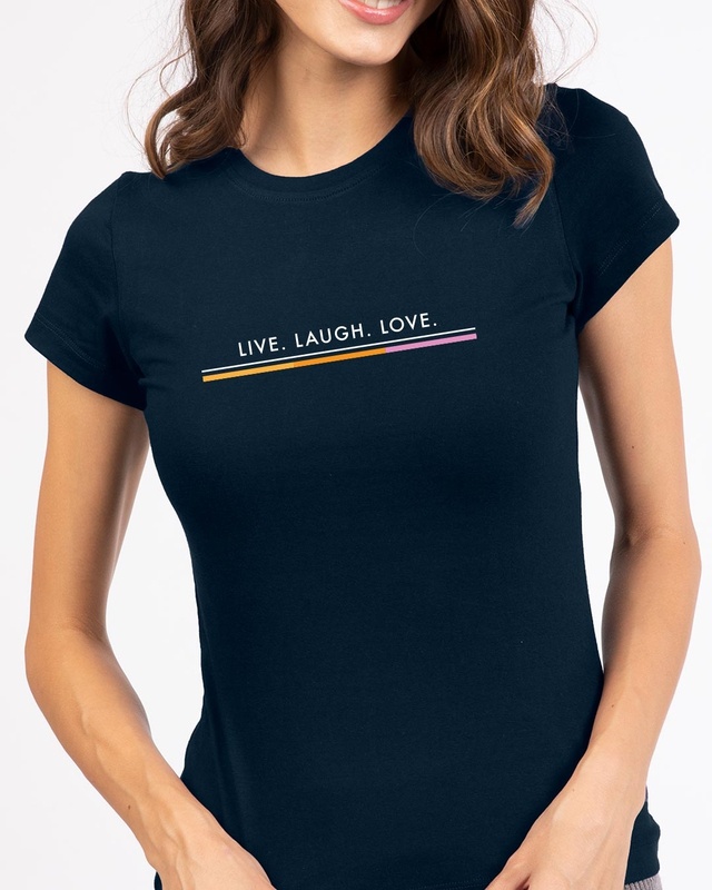 Shop Live Love Strip Half Sleeve Printed T-Shirt Navy Blue-Front