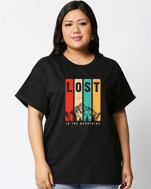 Shop Women's Black Lost Mountains Graphic Printed Plus Size Boyfriend T-shirt-Front