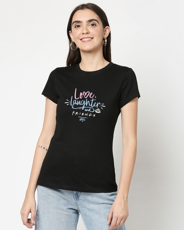 Shop Love Friends Half Sleeve Printed T-Shirt Black-Front