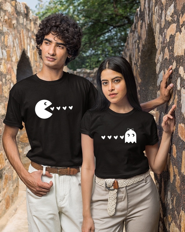 Shop Mad Over Print Unisex Black Pacman Pack of 2 Couple T-Shirt-Front