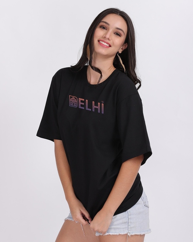 Shop Women's Black Delhi Graphic Printed Oversized T-shirt-Front
