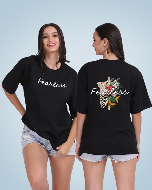 Shop Women's Black Fearless Flower Graphic Printed Oversized T-shirt-Front