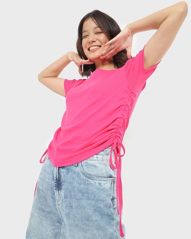 Shop Magenta Side Gather Slim Fit Top-Front