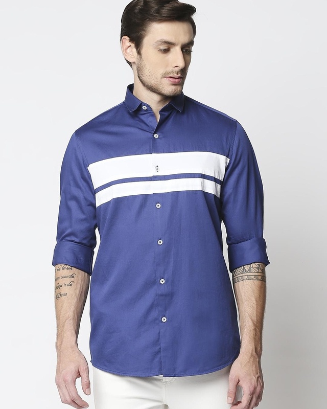 Shop Manaca Men's Blue Striped Shirt-Front