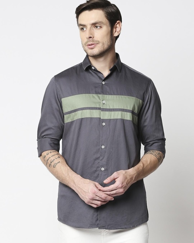 Shop Manaca Men's Grey Striped Shirt-Front
