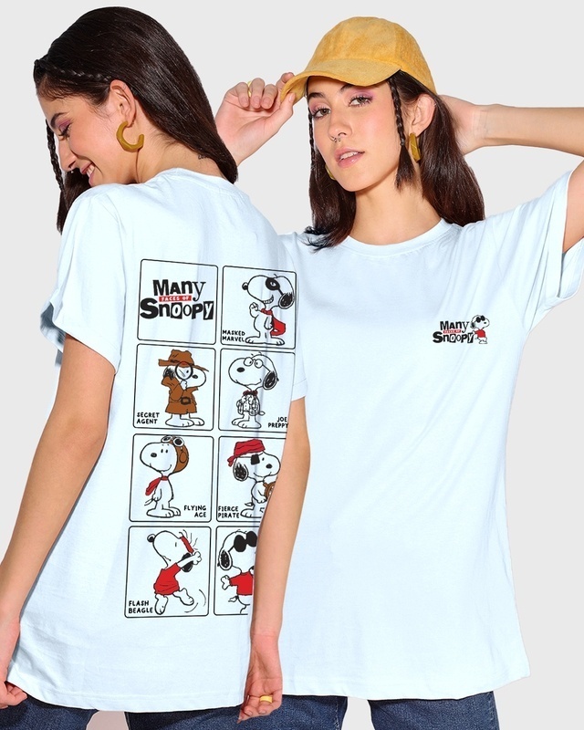 Shop Women's Blue Many Faces Snoopy Graphic Printed Boyfriend T-shirt-Front