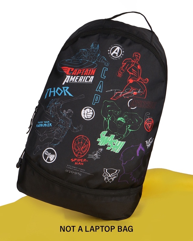 Shop Unisex Black Marvel Heroes Printed Small Backpack-Front