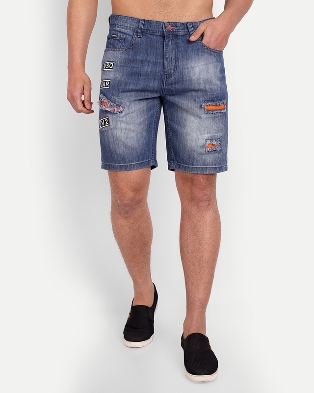 Shop Meghz Men's Blue Distressed Printed Shorts-Front