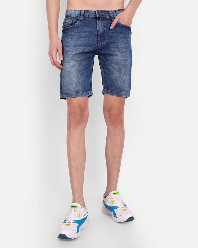 Shop Meghz Men's Blue Washed Slim Fit Shorts-Front