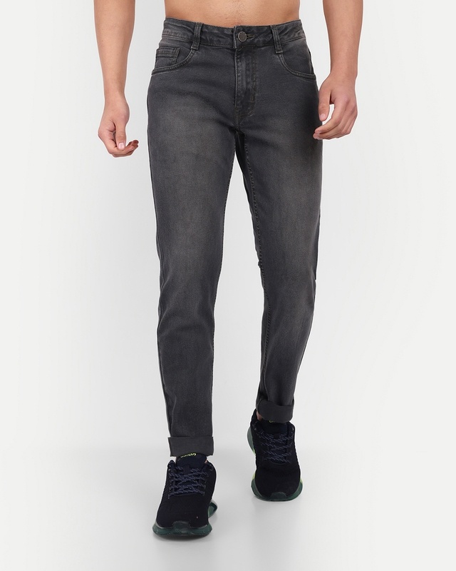 Shop Meghz Men's Grey Washed Slim Fit Jeans-Front